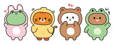 Bir grup sevimli hayvan değişik pozlarda kostüm giyer. Komik karakter tasarımları. Vahşi, evcil hayvan, sürüngen, çiftlik hayvanı çizgi filmi..