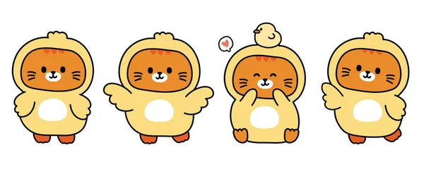 Set Cute Cat Wear Chick Costume Various Poses Mascot Pet — Stock Vector