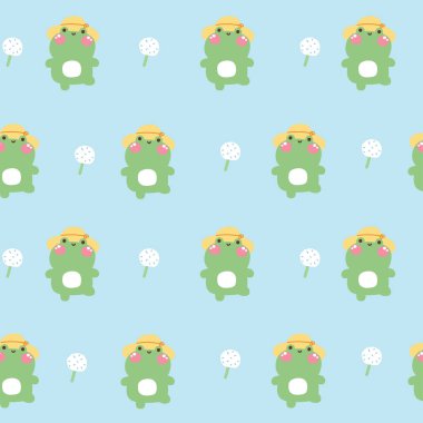 Şirin, mutlu kurbağanın kusursuz deseni, üzerinde pastel mavi arka plan olan polen çiçekli şapka giyer. Sürüngen hayvan karakteri çizgi filmi tasarımı. Bebek kıyafetleri. Kawaii.Vector..