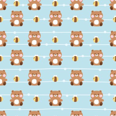 Sevimli ayıcığın kusursuz deseni mavi arka planda arı ile oturur. Vahşi hayvan karakteri çizimi. Kart, poster, çıkartma, bebek kıyafetleri için görüntü..