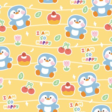 Kirazlı ve çilekli sarı arka planlı kusursuz penguen deseni. Kuş hayvan karakteri çizgi film tasarımı. Çiçekli pasta. Kawaii.Vector.Illustration.