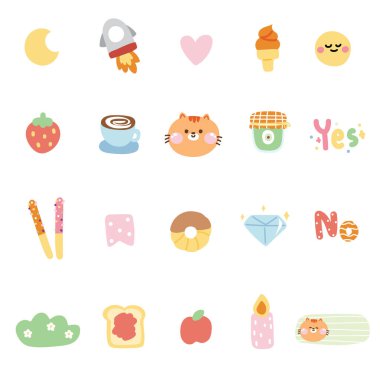 Kedi suratlı bir dizi şirin ikon. Çizgi film el koleksiyonu. Miyav aşığı. Tatlı, yemek, hayvan, doğa, kelime kavramı..