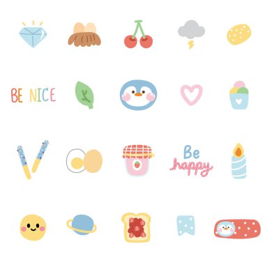 Penguen yüzlü bir dizi şirin ikon. Çizgi film el koleksiyonu. Tatlı, yemek, hayvan, doğa, kelime kavramı..