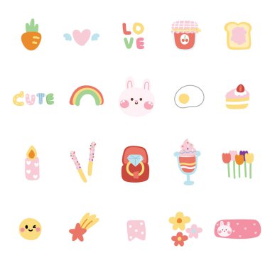 Tavşan suratlı şirin minik ikonlar. Çizgi film el koleksiyonu. Tatlı, yemek, hayvan, doğa, kelime kavramı..