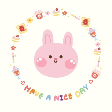 Küçük fırın çerçevesinde sevimli tavşan yüzü. Hayvan karakteri tasarımı karikatürü. Dekorasyon. Reçel, çilekli pasta, tatlı, dondurma, çiçek eli çizim..