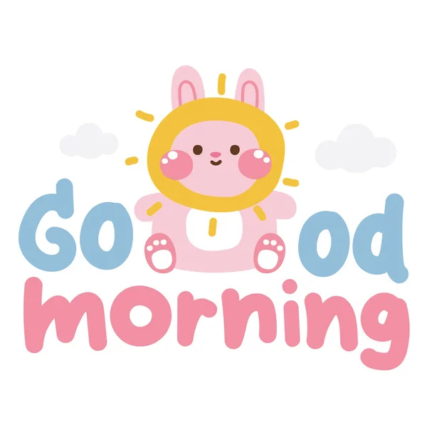 Cute Rabbit Wear Sun Head Costume Good Morning Text Cartoon — Stock Vector