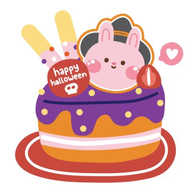 Tatlı Tavşan Cadı Cadılar Bayramı kavramında kurabiyelerle yüzleşir. Fırın. Tatlı ve tatlı çizgi filmi Deisgn.Hayvan Evcil Hayvanı. Bayram..