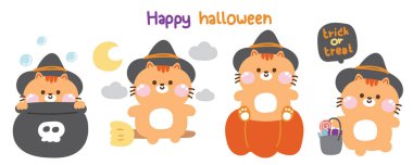 Cadı kostümü giymiş bir grup şirin kedi Cadılar Bayramı konseptinde poz veriyor. Festival.Evcil hayvan çizgi film karakteri tasarımı. Hile ya da tedavi..