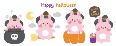 Cadı kostümlü şirin tavşan seti. Cadılar Bayramı konseptinde poz veriyor. Evcil hayvan çizgi film karakteri tasarımı. Hile ya da tedavi..