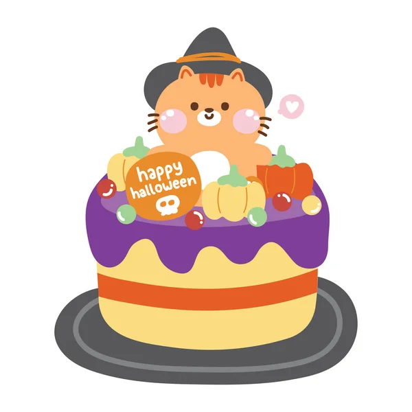 Cute Cat Witch Sit Pumpkin Cake Halloween Concept Bakery Sweet — Stock Vector