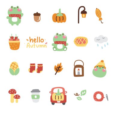 Simge koleksiyonu. Sonbahar konseptinde şirin kurbağa. Sürüngen hayvan karakteri çizimi. Sonbahar sezonu. Balkabağı, meşe palamudu, kiraz, mantar el çizimi..