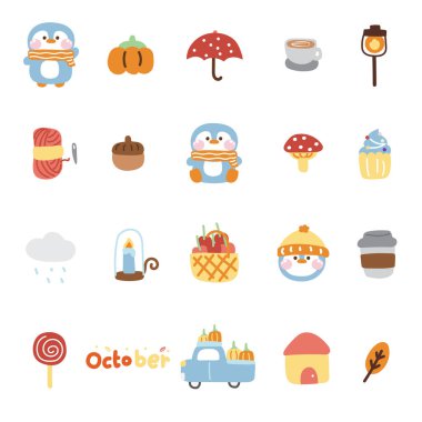 Simge koleksiyonu. Sonbahar konseptinde sevimli penguen. Kuş hayvan karakteri çizgi film dizaynı. Sonbahar mevsimi. Balkabağı, meşe palamudu, kiraz, mantar el çizimi..