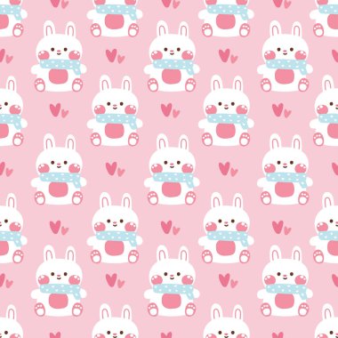 Sevimli tavşanın kusursuz deseni pembe arka planda küçük bir kalp ikonu olan eşarp takar. Tavşan karakteri çizgi film tasarımı. Hayvan gibi. Bebek kıyafetleri..