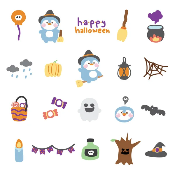 Set Cute Icon Penguin Witch Halloween Concept Festival Autumn October — Stock Vector