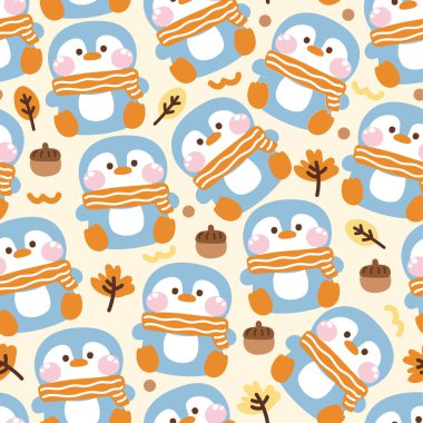 Tatlı penguenlerin kusursuz desenleri, sonbahar yaprağı ve palamut arka planıyla eşarp takarlar. Sonbahar ve kış mevsimi konsepti. Kuş hayvan karakteri çizgi film tasarımları. Kawaii.Vector..