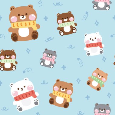 Tatlı ayıcığın kusursuz desenli atkısı pastel mavi arka planda oturur. Vahşi hayvan karakteri çizgi film tasarımı. Kış..