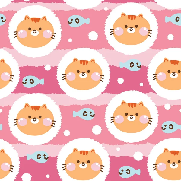 Seamless Pattern Cute Face Orange Cat Circle Fish Pink Background — Stock Vector
