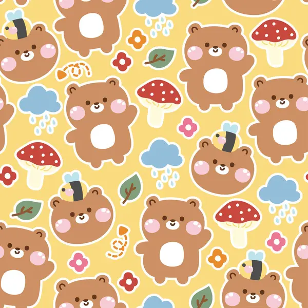 Seamless Pattern Cute Teddy Bear Tiny Icon Sticker Yellow Pastel — Stock Vector