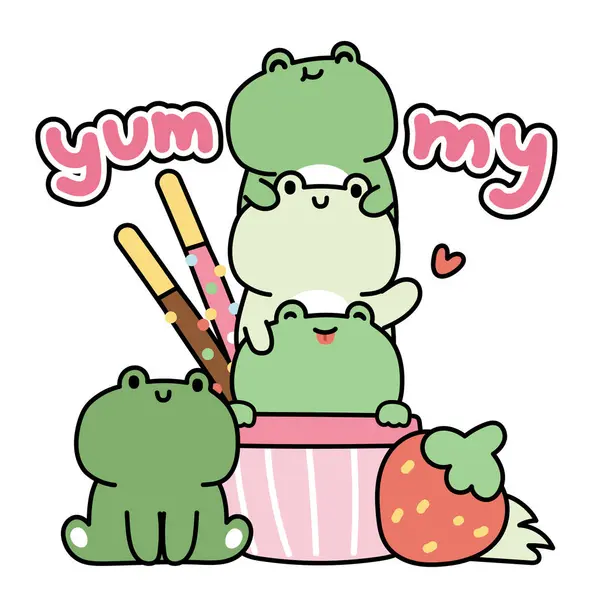 Χαριτωμένο Παγωτό Βάτραχος Matcha Πράσινο Τσάι Γεύση Φράουλες Αστείο Χαρακτήρα — Διανυσματικό Αρχείο