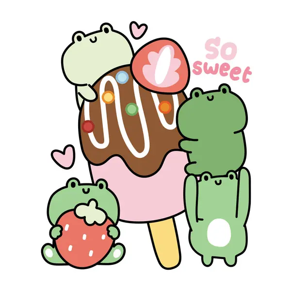 かわいいカエルは白い背景にイチゴのアイスクリームを食べようとします 無残な動物のキャラクター漫画のデザイン スイートとデザート Kawaii Vector Illustration — ストックベクタ