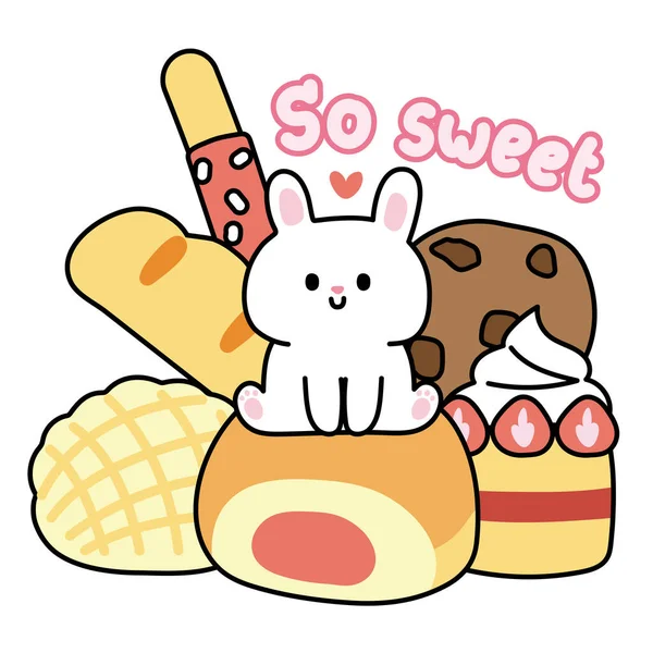 小さなウサギは白い背景にベーカリーの上に座ります バニーキャラクター漫画デザイン トロベリーケーキ クッキー手描き だから甘い Kawaii Vector Illustration — ストックベクタ