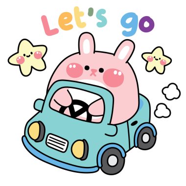 Şirin, şişman tavşan beyaz arka planda yıldızı olan mavi bir araba kullanıyor. Tombul hayvan karakteri çizimi. Tavşan eli çizilmiş. Kart, poster, bebek kıyafeti, çıkartma..