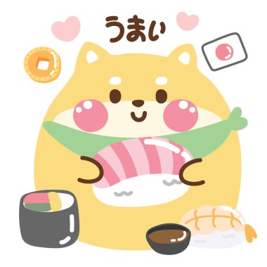 Şirin tombul shiba inu köpek bebeği büyük suşi Japon yemeklerine Japonca kelime ile sarılmak beyaz arka planda lezzetlidir. Japon evcil hayvan karakteri çizgi film dizaynı. Pastel. Kawai Vector. Görüntü:.