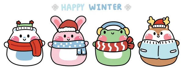 Set Simpatico Animale Paffuto Inverno Clothing Cartoon Animale Personaggio Design — Vettoriale Stock