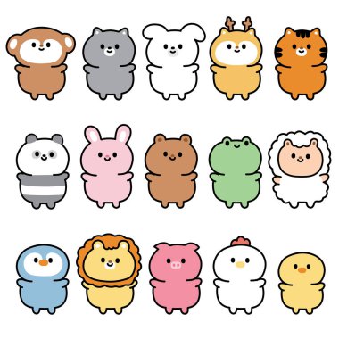 Bir dizi sevimli hayvan karakteri dizaynı beyaz arka planda duruyor. Çiftlik, vahşi, hayvan, sürüngen, kemirgen el yapımı koleksiyon. Kart, poster, bebek üretimi için görüntü..
