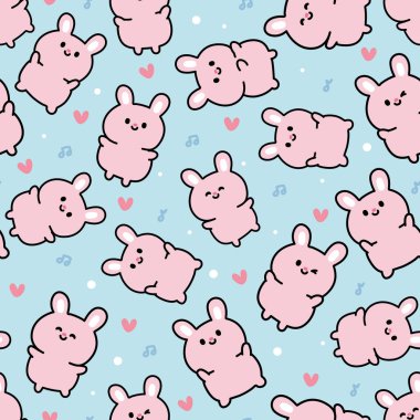 Mutlulukta sevimli tavşanın kusursuz deseni ve kalple dans etmek ve pastel arka planda müziği not etmek. Kemirgen hayvan karakteri çizimi. Kawaii.Vector. İllüstrasyon.
