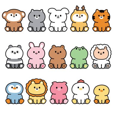 Bir grup sevimli hayvan gülümser ve beyaz arka planda otururlar. Çocuk grafikleri. Hayvanat bahçesi, çiftlik, sürüngen, kemirgen, hayvan eli koleksiyonu..