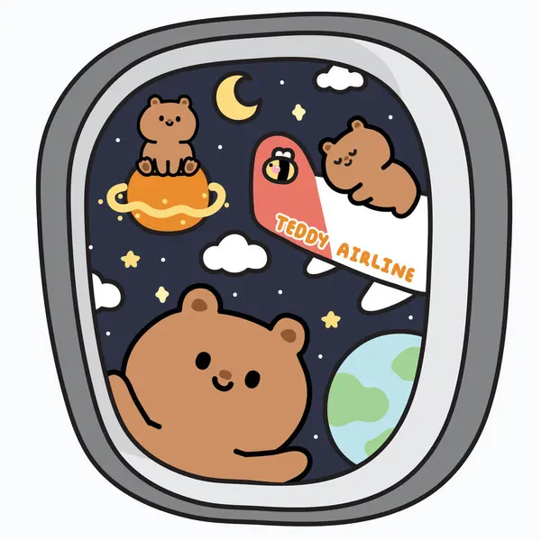 窓からの飛行機の翼 座席側の窓の平面上のスカイスペース銀河の眺め テディエアライン かわいい熊の漫画のキャラクターの設計 ワイルド動物 Kawaii Vector Illustration — ストックベクタ