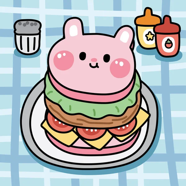 可爱的汉堡包兔脸面包加酱汁在桌布上 啮齿类动物卡通片着火了 Kawaii Vector Illustration — 图库矢量图片