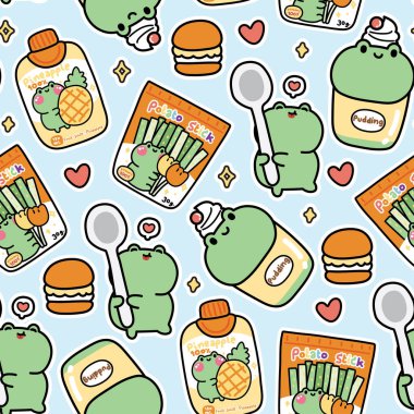 Tatlı ve tatlı kavramı. Makarna. Puding. Ananas suyu. Sürüngen hayvan karakteri çizgi film tasarımları. Kawaii.Vector..