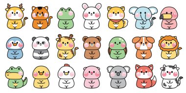 Büyük set sevimli hayvanlar beyaz arka planda otururlar. Hayvan.Çiftlik.Çiftlik.Pet.Roden. Sürüngen. Çizgi film el çizimi koleksiyonu. Bebek grafik tasarımı. Kawai vektörü.. 