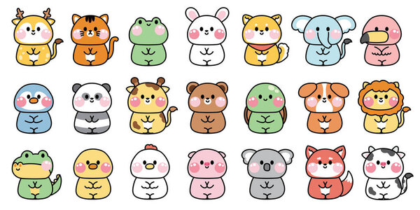 Большой набор симпатичных животных сидит на белом заднем плане. Zoo.Farm.Pet.Ro.Reptile.Cartoon рисован вручную.. 