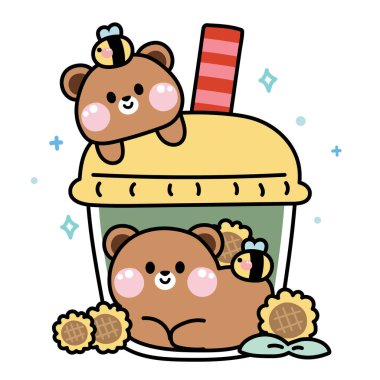 Yeşil çay aromalı şirin ayıcık içeceği ve beyaz arka planda arı. Vahşi hayvan karakteri çizimi. Tatlı el çizimi. İçki. Kawaii.Vector..