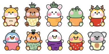 Beyaz arka planda meyve ve sebze kostümlü sevimli hayvanlar. Hayvan karakteri çizimi. Vahşi, çiftlik, evcil hayvan el çizimi..