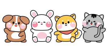 Bir dizi sevimli hayvan çizgi film karakteri dizaynı. Pet.Zoo.Variouse pozları. Tavşan, Shiba inu köpeği, kedi eli çizimi. Kart, çıkartma, çocuk giysisi için resim. Kawaii.Vector. İllüstrasyon..