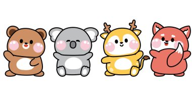 Bir dizi sevimli hayvan çizgi film karakteri dizaynı. Wild.Zoo.Varyete pozları. Ayı, koala, geyik, tilki eli çizimi. Kart, çıkartma, çocuk giysisi için resim. Kawaii.Vector. İllüstrasyon..