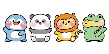 Bir dizi sevimli hayvan çizgi film karakteri dizaynı. Wild.Zoo.Varyete pozları. Penguen, panda, aslan, timsah eli çizimi. Kart, çıkartma, çocuk kıyafetleri. Kawaii.Vector. İllüstratör..