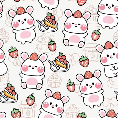 Çilekli kek geçmişi olan kusursuz şirin tavşan deseni. Kemirgen hayvan karakteri çizimi. Tavşan. Tatlı, tatlı, fırın. Kawai..