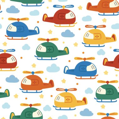 Beyaz arka planda kusursuz bir helikopter karikatürü. Ulaşım, yıldız, bulut el çizimi. Çocuk giysi baskısı ekranı. Bebek yapımı. Kawaii.Vector. Illustrator..