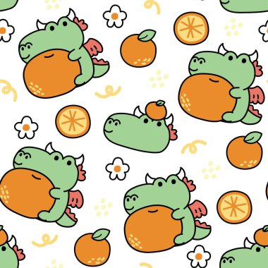 Beyaz arka planda turuncu renkli şirin ejderha deseni. Çin hayvan karikatürü. Meyve, çiçek, küçük bir ikon el çizimi. Bebek kız ve erkek giysi baskısı ekranı..