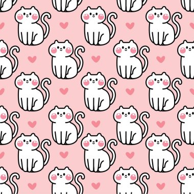 Pembe arka planda kalbi olan sevimli bir kedi oturuyordu. Miyav aşığı. Evcil hayvan karakteri. Bebek kıyafetleri..