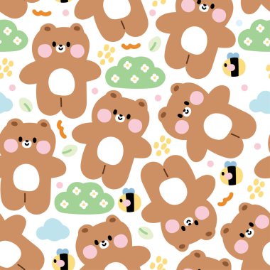 Beyaz arka planda ikonu olan kusursuz sevimli ayıcık deseni. Pastel. Vahşi hayvan karakteri çizimi. Çiçek, arı, yaprak, çimen, bulut el çizimi..