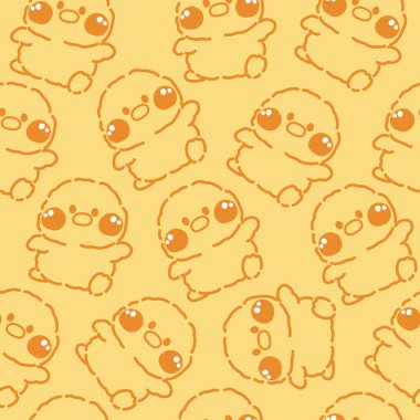 Sarı arka planda çizilmiş güzel tavukçu çizgilerinin kusursuz deseni. Çiftlik hayvanı çizgi filmi. Henry. Kuş. Bebek kıyafetleri. Baskı ekranı..