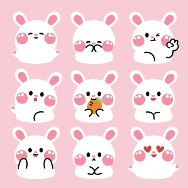 Çeşitli şekillerde sevimli tavşanlar pembe arka planda poz verir. Kemirgen hayvan karakteri çizimi. Tavşan eli koleksiyonu. Kawai Vector..