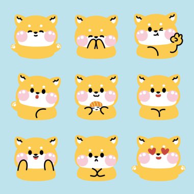 Çeşitli pozlarda şirin shiba inu köpek yüzü. Mavi arka planda duygu. Japon evcil hayvan karakteri çizgi film tasarımı. Köpek yavrusu el yapımı koleksiyon..