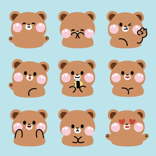一组不同姿势的可爱熊的脸在蓝色背景上感觉 野生动物人物形象卡通设计 泰迪手绘集合 Kawaii Vector Illustration — 图库矢量图片